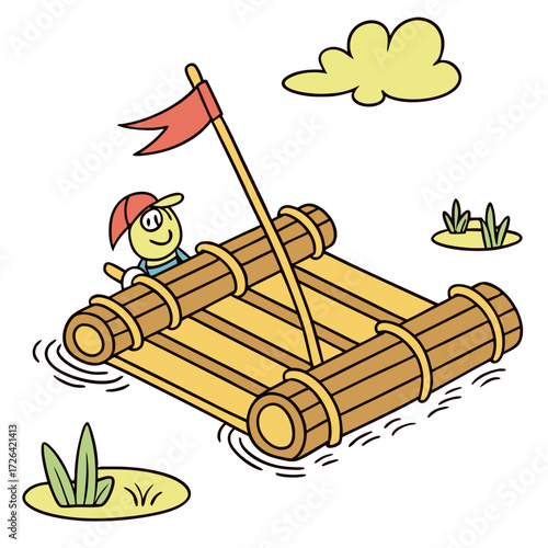 Cheerful cartoon boy with a red cap sailing on a bamboo raft with a red flag. Fun kids adventure, rafting, pirate, camping, travel, and nautical themed vector design