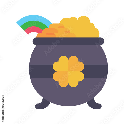 Pot of gold with rainbow purple pot with gold coin and shamrock emblem