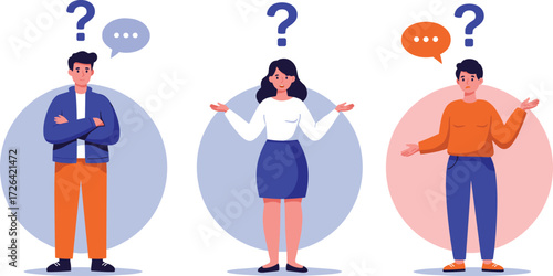 Confused characters, question mark icons, cartoon people, thinking pose, curiosity concept, vector illustration, diverse group, editable design, problem solving, emotion art