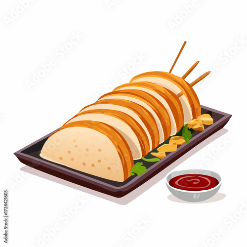 Delicious sliced roasted chicken breast appetizer with dipping sauce on a dark platter. Gourmet poultry dish food illustration.