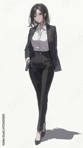 A confident woman is walking in a tailored black business suit paired with a white shirt. Her stylish look is complemented by black heels, showcasing professionalism and elegance.