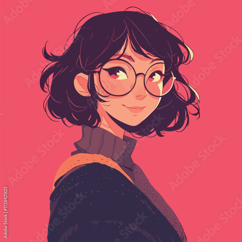 A young woman with curly hair smiles softly while wearing glasses.