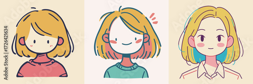 Three playful illustrations feature girls with similar short hairstyles expressing various emotions. Each girl wears a different outfit, adding to their unique charm.