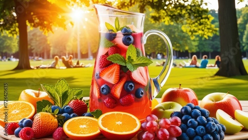 Fruit punch with apples and grapes outdoors
