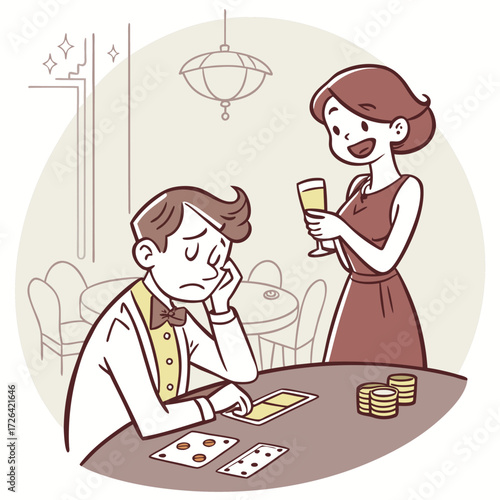 Flat vector illustration of a sad man losing at casino games while a cheerful woman enjoys a drink. Perfect for gambling, casino emotions, betting risks, and lifestyle concept