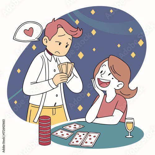 Colorful vector illustration of a shy man holding cards at a casino table while a cheerful woman watches with a smile. Perfect for poker night, gambling lifestyle, emotions, and relationship concepts
