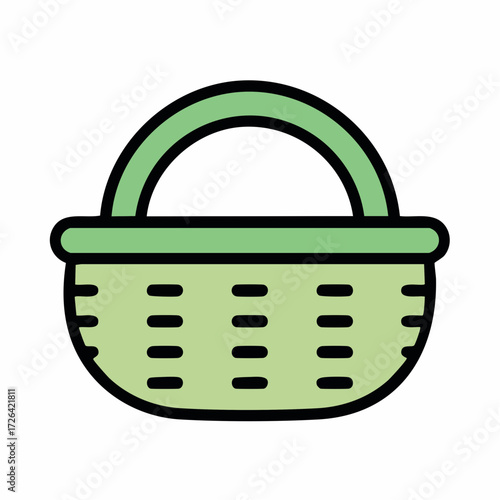 Empty green basket vector icon, flat design illustration for picnic, shopping, storage, or collection concepts, simple graphic element