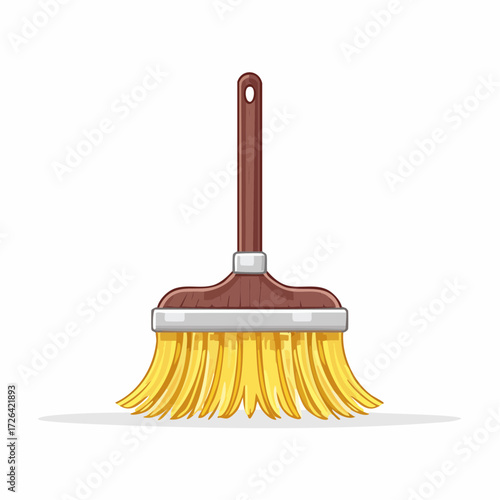 Vector cartoon broom with yellow bristles and brown handle, isolated on white background, for household cleaning and tidying