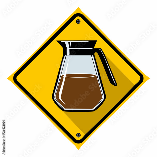Warning sign with coffee pot illustration, danger of hot beverage, caffeine, energy drink symbol, flat design vector icon