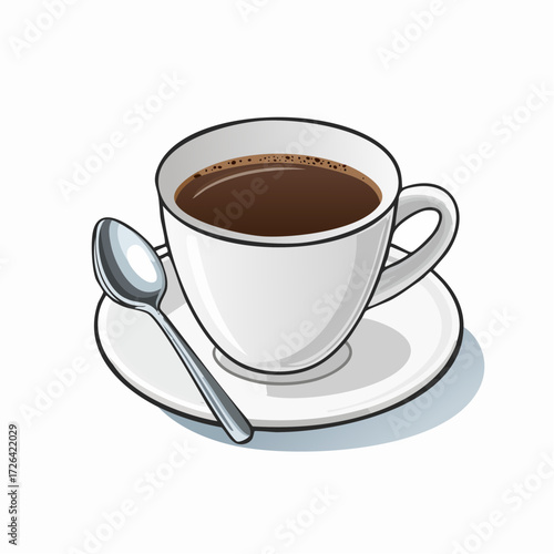 Illustrated white coffee cup with dark hot beverage, saucer, and spoon. Simple cartoon vector drawing on a clean background.