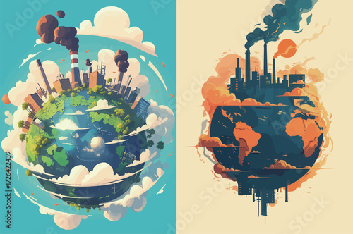 One side shows a vibrant, green planet full of life while the other depicts a polluted earth with dark smoke and industrialization. This artwork highlights environmental issues.