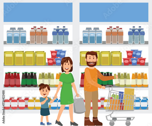 Vector art of family shopping for groceries in a supermarket, mother, father, and child buying food, drinks, and household items