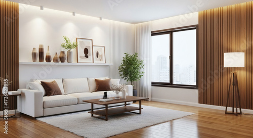 Wallpaper Mural A modern living room bathed in natural light, featuring contemporary furnishings, and a harmonious blend of textures.  Torontodigital.ca