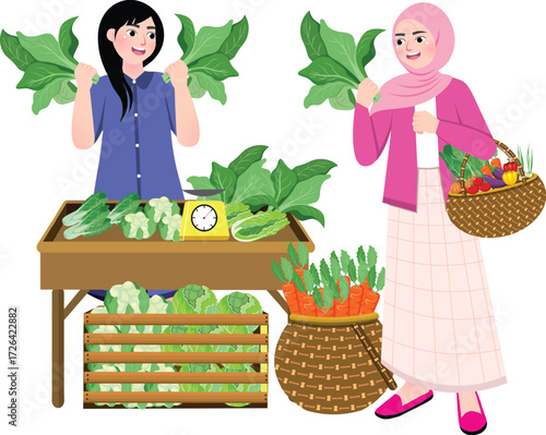 Vector art of a woman selling fresh vegetables at a market stall, she is holding up some leafy greens and smiling at the customer