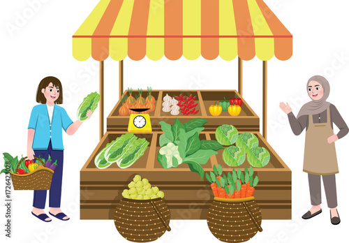 Vector art of vegetable stall with two women, one holding a basket of vegetables and the other wearing a hijab, fresh produce