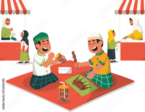 Vector art of two joyful muslim boys are enjoying satay on a mat, surrounded by stalls with women wearing hijabs vector illustration