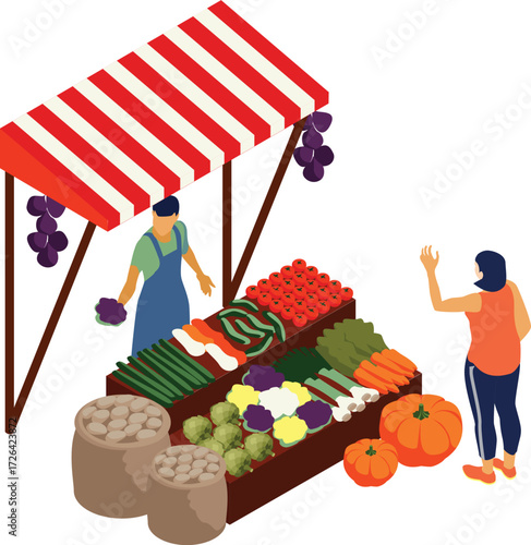 Vector art of isometric farmers market stall fresh vegetables and fruits on display, with customers browsing and buying local produce