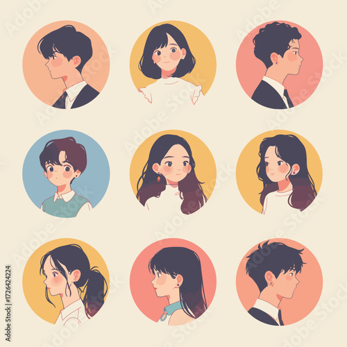 Nine circular portraits show a mix of young individuals with different hairstyles and outfits. Each person displays unique facial features and expressions, highlighting diversity.