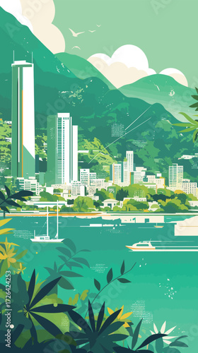 A lively coastal view showcases tall buildings nestled against lush green mountains. Boats glide smoothly in the turquoise water under a clear sky filled with soft clouds.