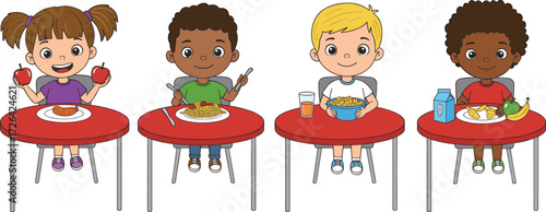 Children eating meals, cartoon kids, food variety, breakfast lunch dinner, nutrition theme, vector art, joyful moment, editable design, healthy choices