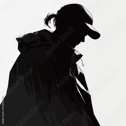 A figure in profile is seen wearing a cap and a dark jacket, set against a light backdrop. The silhouette highlights the persons calm demeanor and thoughtful expression.