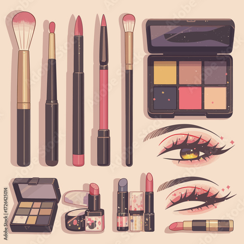 A collection of makeup items including brushes, lipsticks, and eyeshadow palettes is arranged neatly. The products feature colorful shades suitable for various looks.