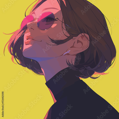 A confident young woman with short brown hair wears trendy sunglasses while looking upwards. The bold yellow background enhances her vibrant style and attitude.