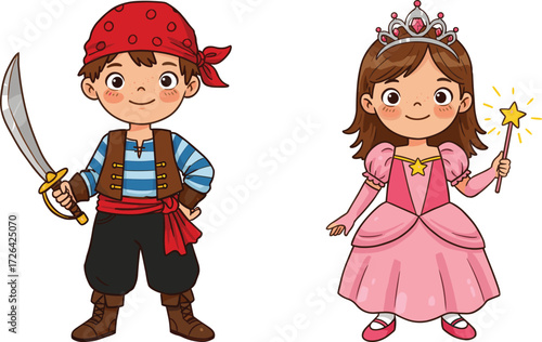 Pirate and princess, cartoon kids, fantasy characters, costume play, magic wand, sword pose, vector art, joyful scene, editable design, storytelling theme