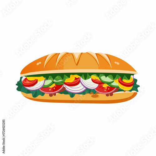 Cartoon vector illustration of a long sub sandwich. Fresh ingredients: lettuce, tomato, onion, cucumber, and peppers on a white background.