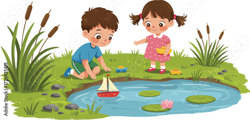 Children playing by pond, cartoon kids, toy boats, nature scene, outdoor fun, vector art, joyful moment, editable design, water activity