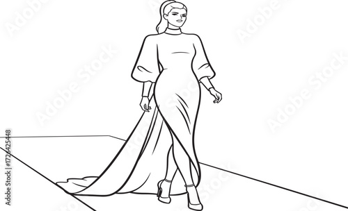 Elegant fashion illustration of a woman in a flowing gown with a high neckline and dramatic sleeves on a white background isolated on white background.