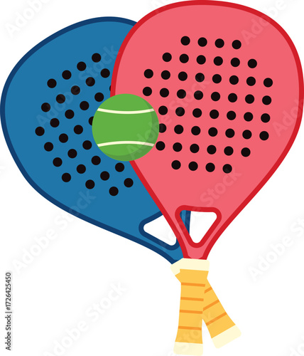 Vector art of two padel rackets, one blue and one red, crossed with a green ball in front padel is a racket sport typically played in doubles