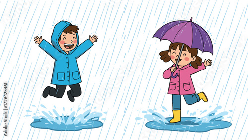 Children playing in rain, cartoon kids, puddle splash, umbrella scene, joyful motion, vector art, editable design, rainy weather, fun activity