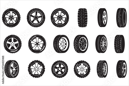 Black vector icon set of isolated car tires and alloy wheels for auto transport design