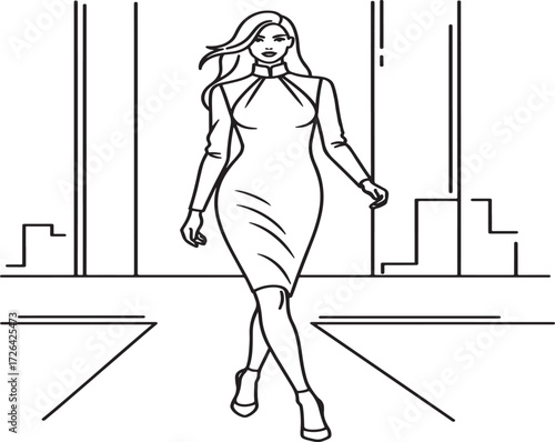 Elegant woman in a stylish dress walking confidently through a cityscape illustration isolated on white background.