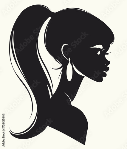 A striking profile view of a woman features a sleek ponytail and large earrings. The silhouette highlights her graceful neck and facial features, exuding elegance.