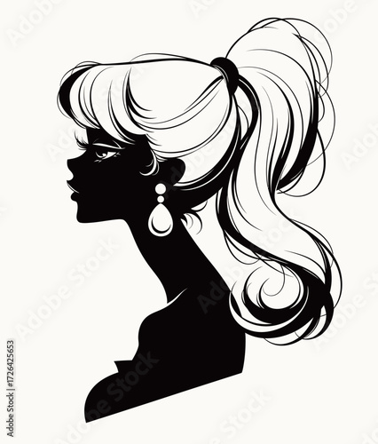 The artwork features a striking silhouette of a woman with long, flowing hair tied in a ponytail. She has distinctive earrings and a graceful profile, conveying elegance.