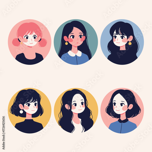 Six unique women are shown with various hairstyles and expressions. Each woman is set against a vibrant circular background, showcasing diversity and individuality.