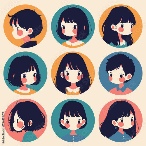 Nine distinct portraits showcase young individuals with varying hairstyles and facial expressions, each within a colorful circular design. The artwork emphasizes diverse features.