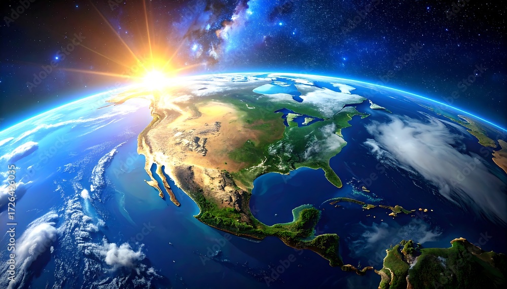 Fototapeta premium Sunrise over North and Central America, seen from space, detailed terrain
