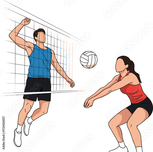 Cartoon Lifestyle Icons Featuring Volleyball Players in Spike and Receive Poses, Energetic Mood, Sports Theme, and Competitive Match Scene