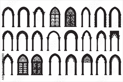 set of church silhouettes with gothic architecture elements