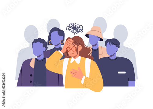 Illustration of woman experiencing panic and anxiety attack in the middle of a crowd. Mental health and psychology education concept in cartoon style and flat design isolated on white background