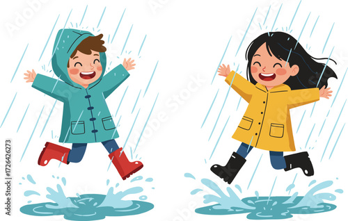 Children jumping puddles, cartoon kids, rainy day fun, water splash, raincoat scene, vector art, joyful moment, editable design, outdoor play