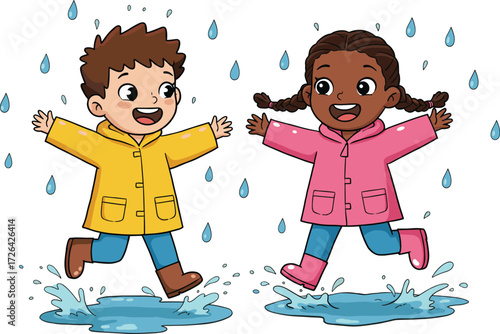 Children jumping puddles, cartoon kids, rainy day fun, water splash, raincoat scene, vector art, joyful moment, editable design, outdoor play