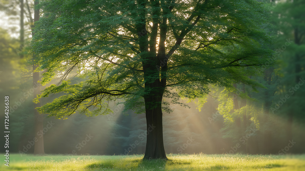 Obraz premium Sunlight filtering through a large tree in a serene forest clearing