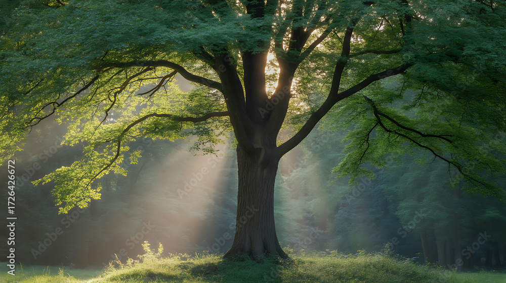 Fototapeta premium Sunlight filtering through the canopy of a large tree in a serene forest setting