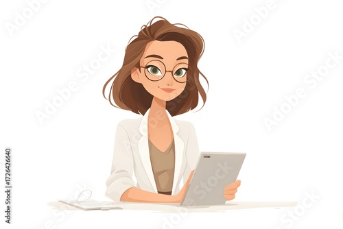 businesswoman sitting at a desk with a tablet, typing confidently, modern remote work startup feel, 3d animation, isolated on a white background