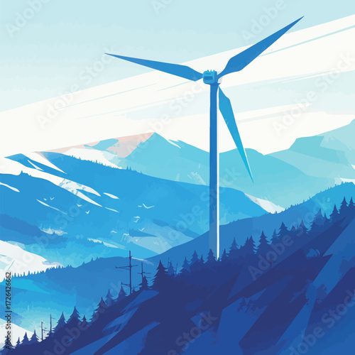 A large wind turbine rises over a mountain landscape filled with lush green forests and distant blue peaks. The scene showcases renewable energy in natures beauty.