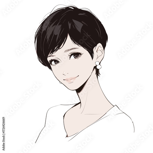 A young woman with a chic short hairstyle and elegant earrings smiles warmly. The background is simple, emphasizing her fashionable look and joyful expression.